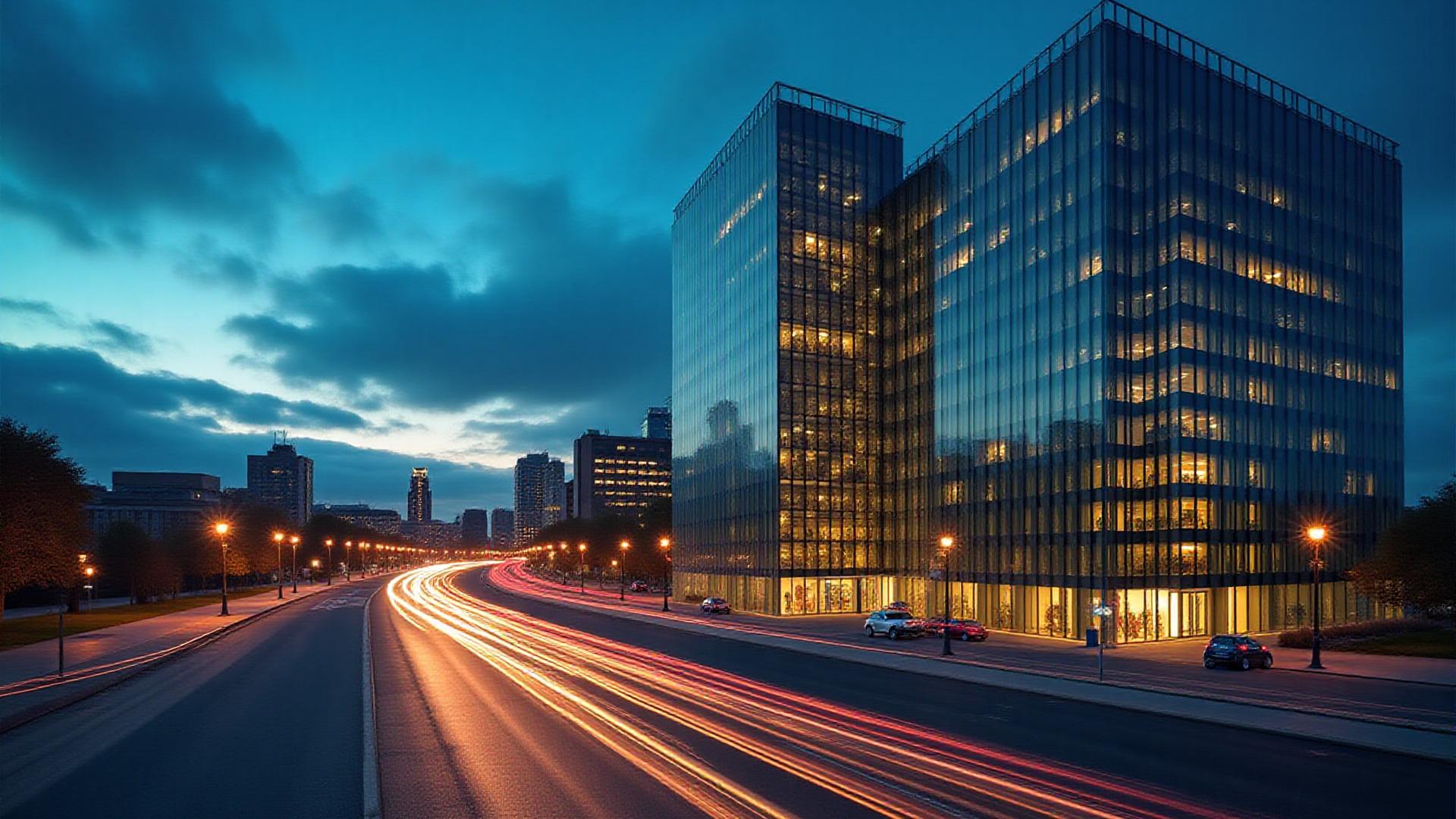 Panoramic view of Dublin's financial district at dusk